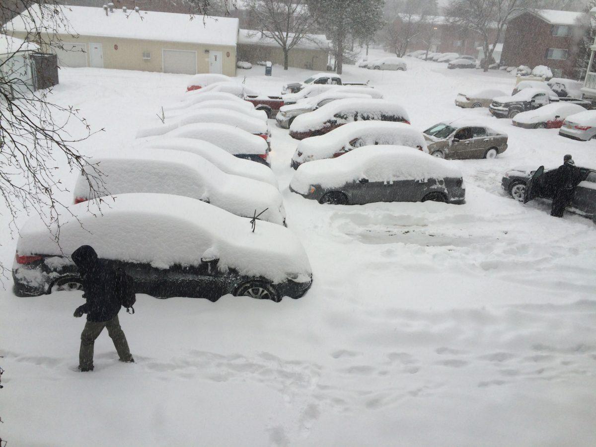 A view of a Westbrooke parking lot during the winter storm warning on Feb. 16, 2016.  Photograph by Kristen McNicholas.