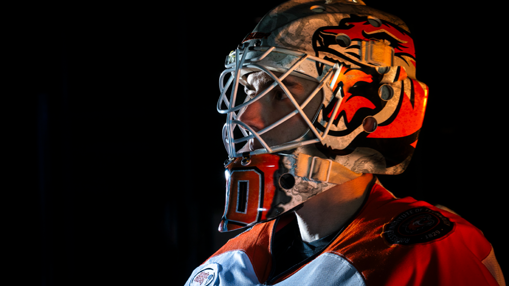 RIT goalie Scarfone poses for a portrait at the Gene Polisseni Center in Rochester, New York. Photography by Grant Bush-Resko and Gina Lee