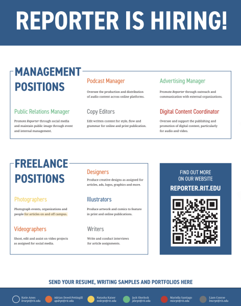 Reporter is hiring! Learn more at: https://reporter.rit.edu/join-our-team/