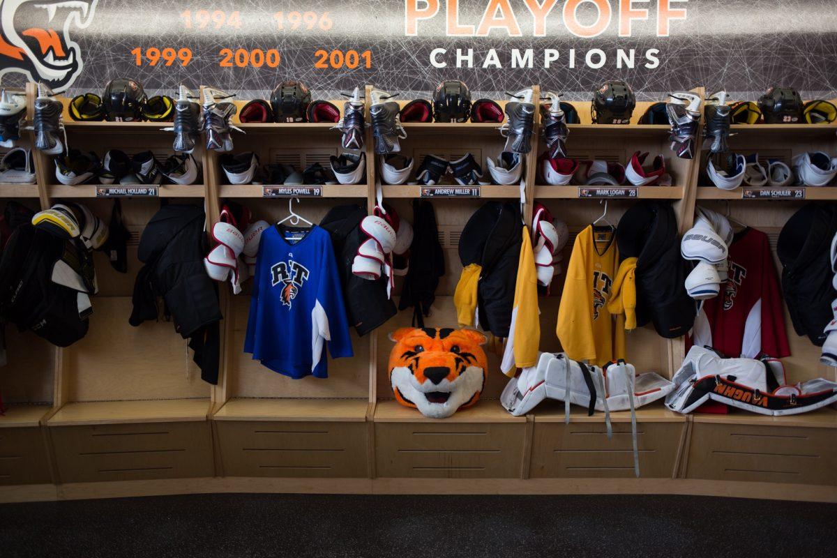 A view of the men's hockey locker room. Photograph by Joey Ressler.