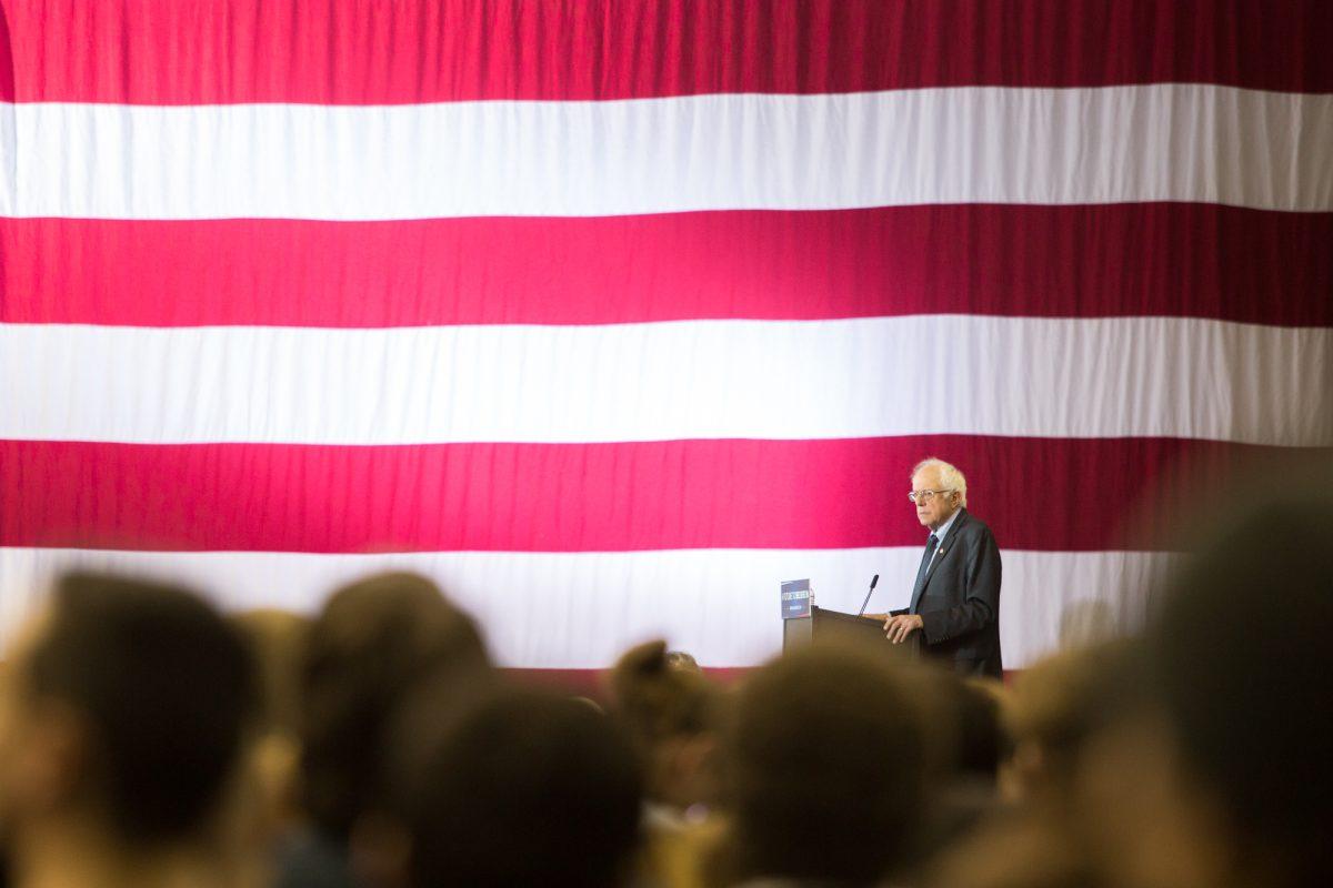 Democratic presidential candidate Bernie Sanders speaks to a crowd of thousands at a rally at the Bill Gray's Regional Iceplex in Rochester, N.Y. on April 12, 2016.