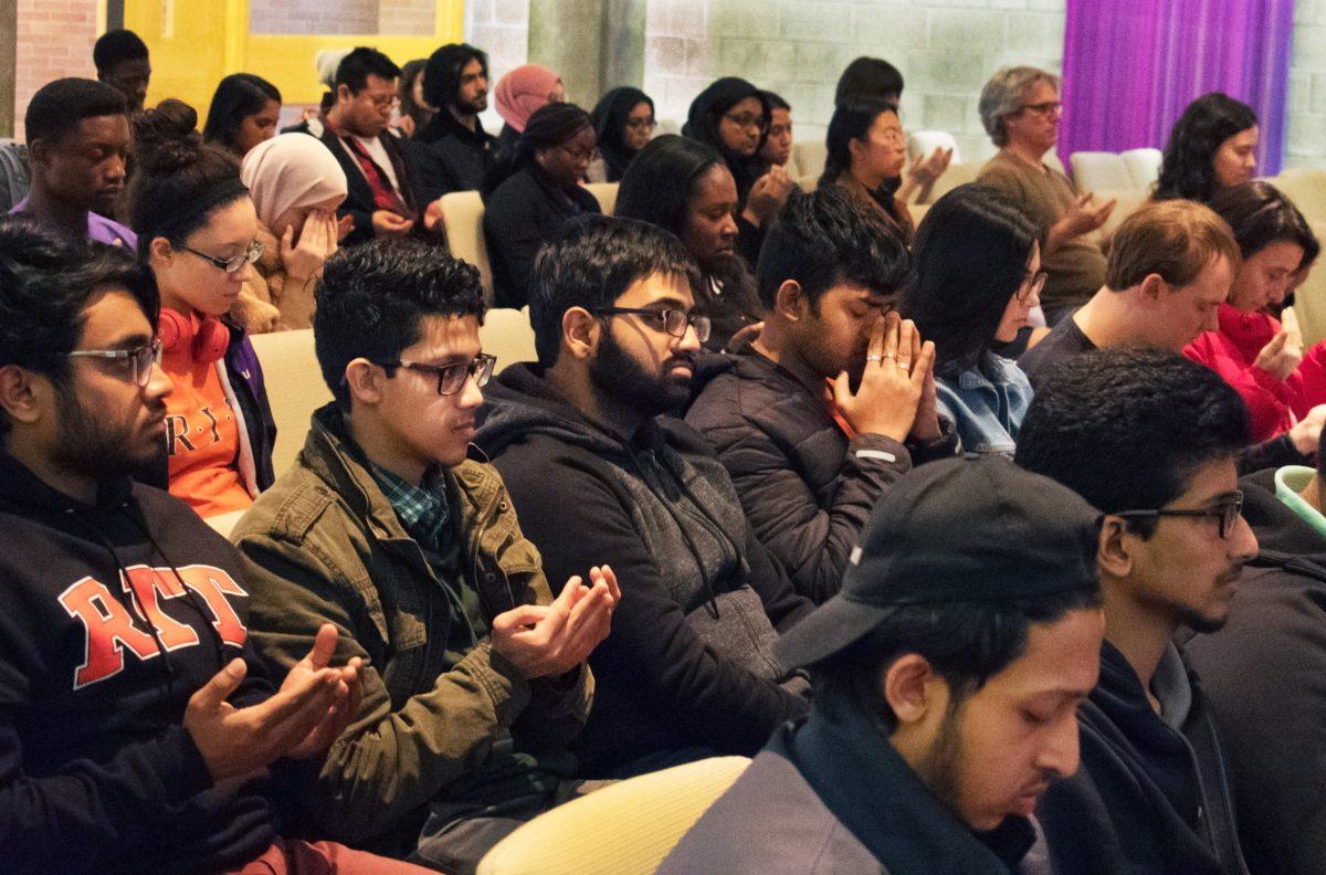 Students, faculty and community members gather in Allen Chapel in Henrietta, N.Y. during Prayer for Solidarity with Our Muslim Community hosted by the Muslim Student Association at Allen Chapel in Henrietta, N.Y. on March 20, 2019. The service was held in response to the recent shooting at Christchurch, New Zealand. Multiple religious speakers presented songs, hymns, prayers, meditations, and speeches to the attendees of the service. Photo by Becky Reich