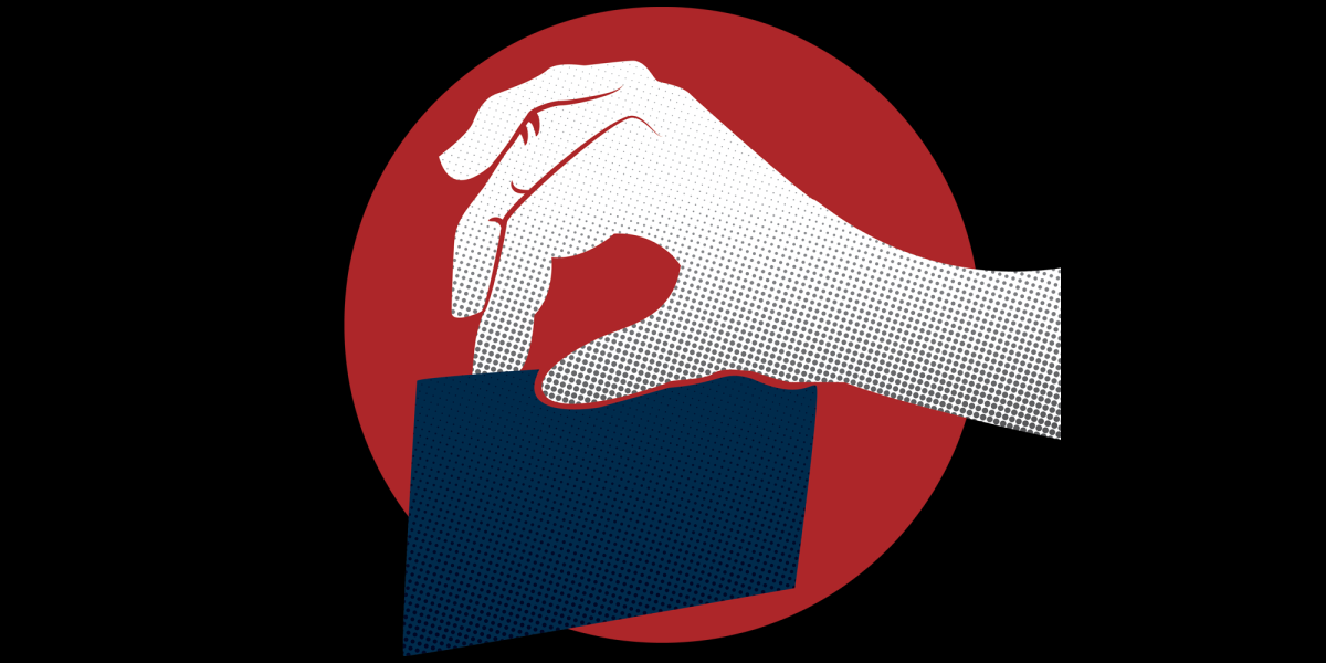 Image designed by Nicole Arcila. It depicts a hand casting a ballot.