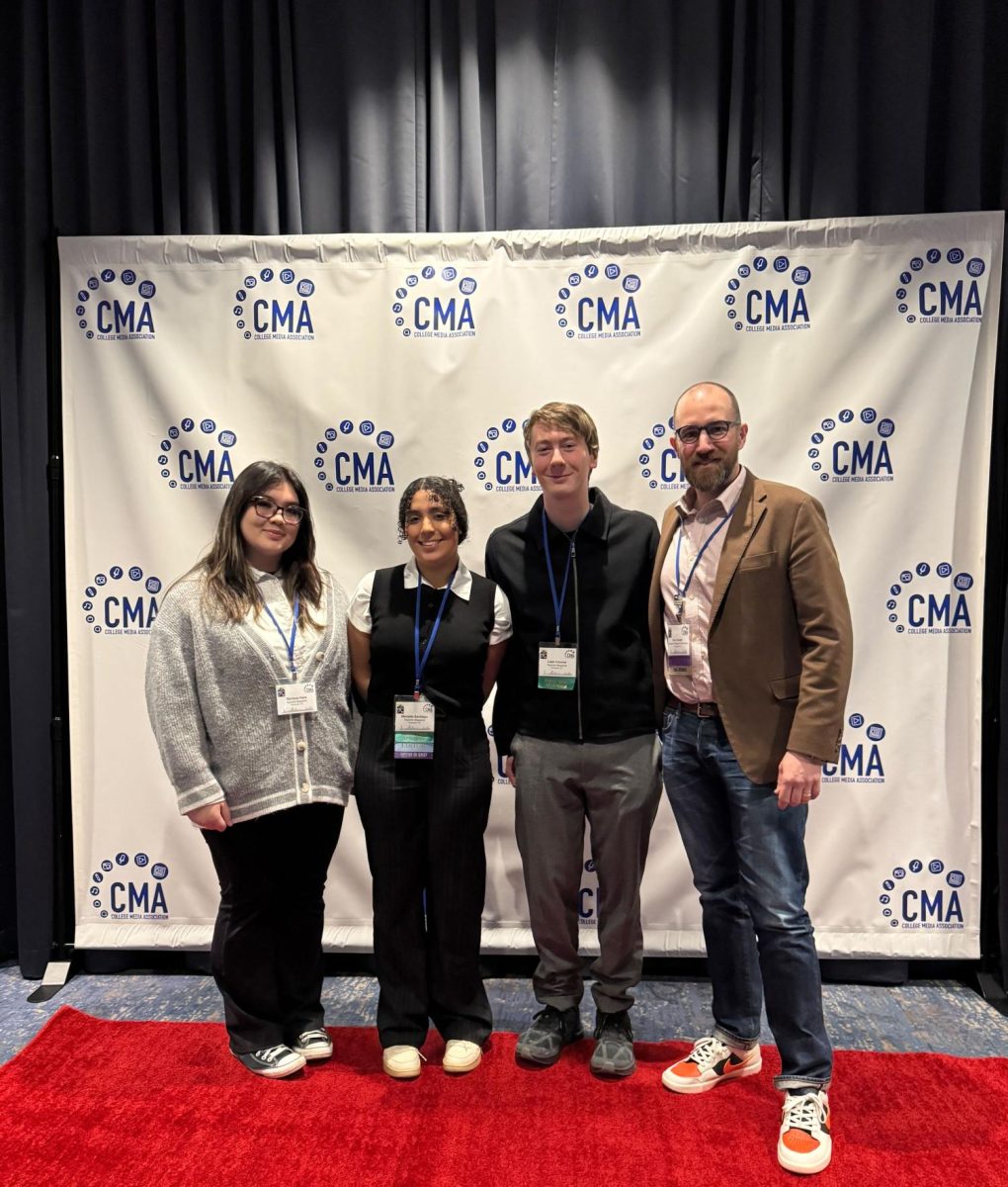 (Left to right) Students Marissa Hura, Mariella Santiago, Liam Conroe and Faculty Adviser Tom Dooley at College Media Association’s ProCon25, March 1, 2025.