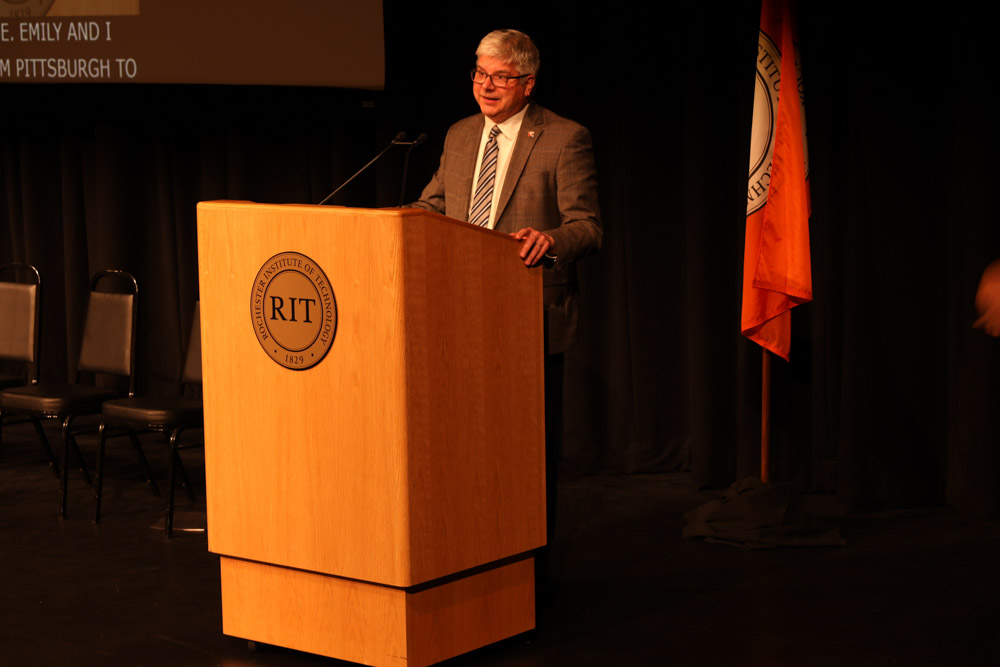 William Sanders delivers his Welcome and State of the University Address in RIT's Ingle Auditorium, Sept. 10, 2025.