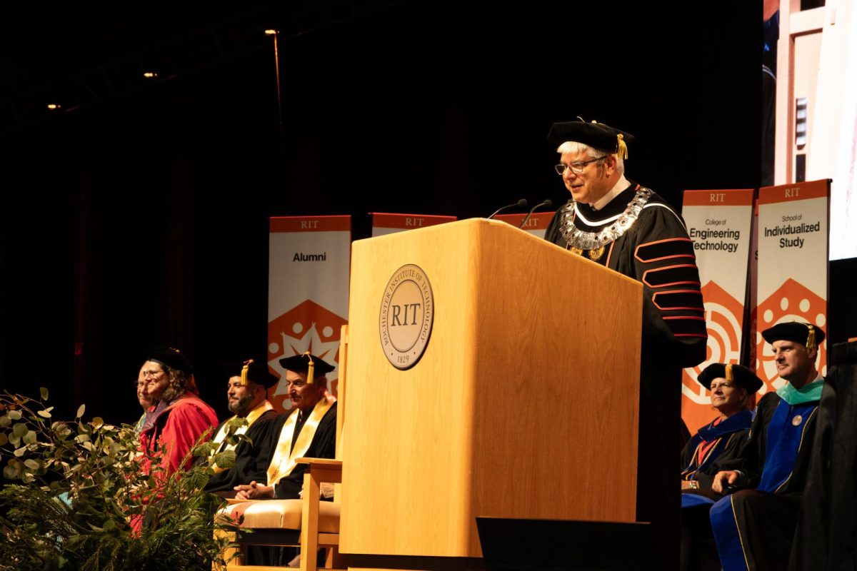 RIT President William Sanders delivers his speech during his inauguration as the 11th president of the university on Sept. 26, 2025, in the Gordon Field House in Henrietta, N.Y.