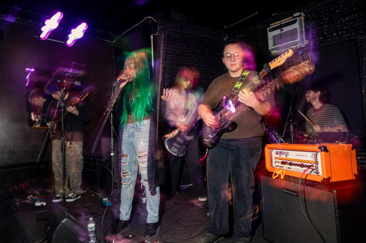 Clayton Donahue, Marz Reigns, Nik Bratten, Kristin Jakosh, Liam Myerow (left to right) from Black Moss performing at Bad Ending on Sept. 6, 2025 in Rochester, N.Y.
