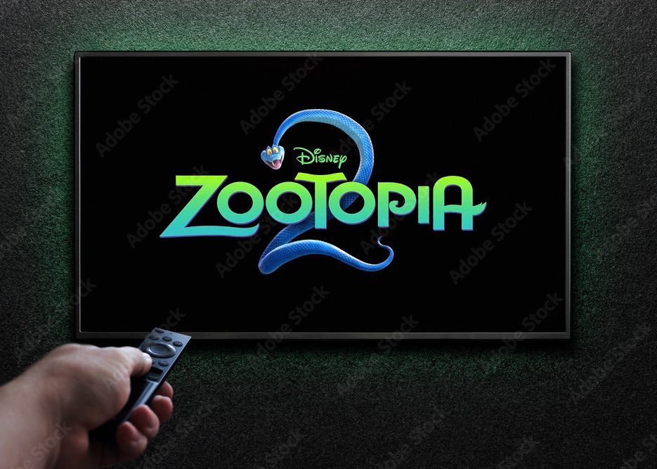 Zootopia 2 trailer or movie on TV screen. Man turns on TV with remote control.