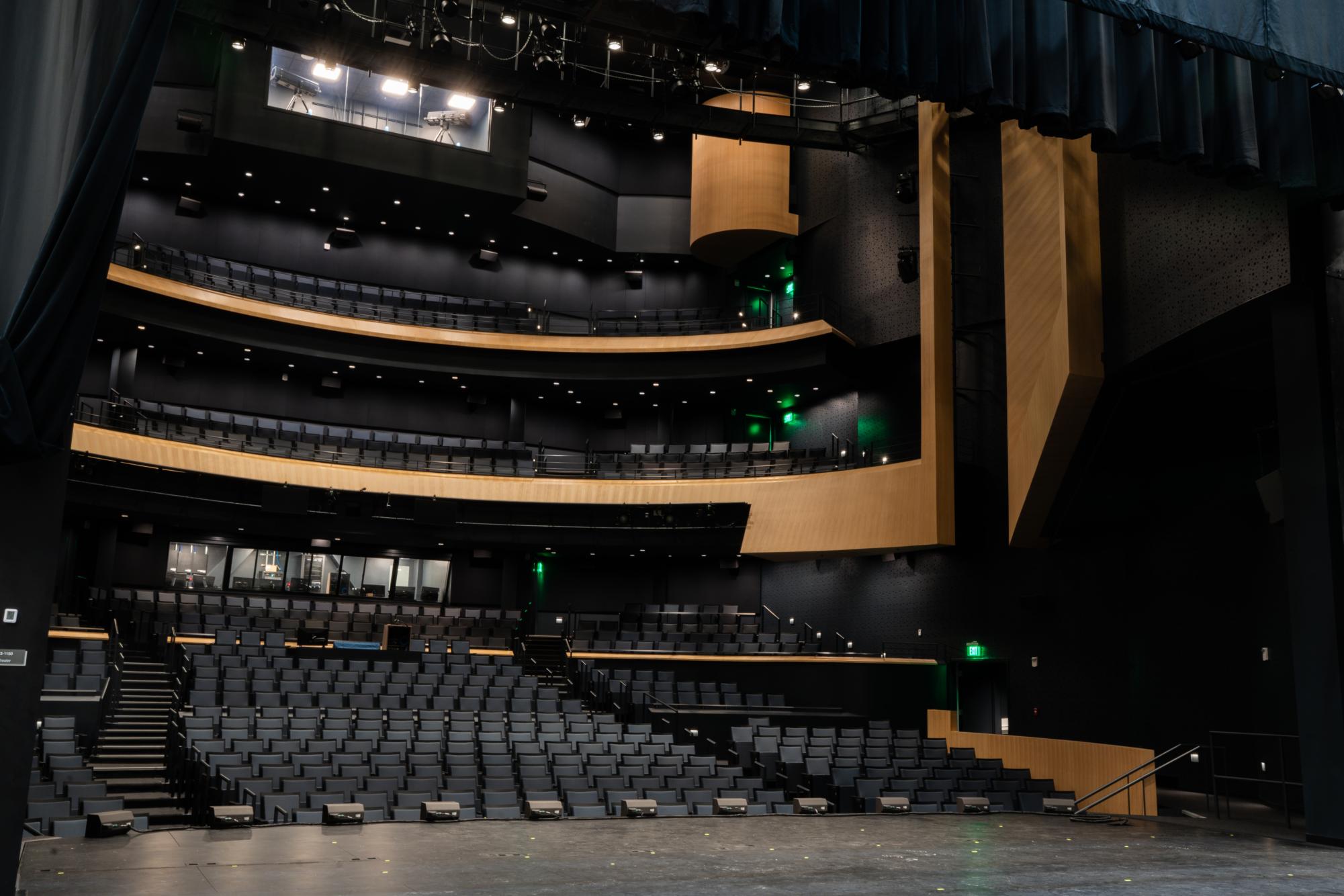 The view from on stage looking towards the 750-seat auditorium in the new Performing Arts Center at RIT, Feb. 4, 2026.