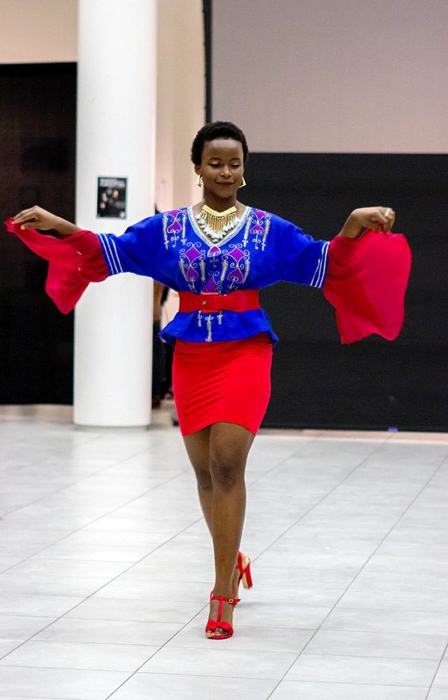 Nadia Gunderson models designs by Dr. Reverend Bokwey Burnley at Shades of the Forgotten Fashion Show hosted by the Organization of African Students in the Vignelli Center on April 20, 2019.  Photo by Jasmin Lin