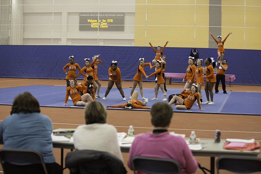 The RIT cheerleading team performs at the Empire Cheer Winter Classic competition at the Rochester Institute of Technology in Rochester, N.Y. on Feb. 13, 2016. Photograph by Joseph Ressler.