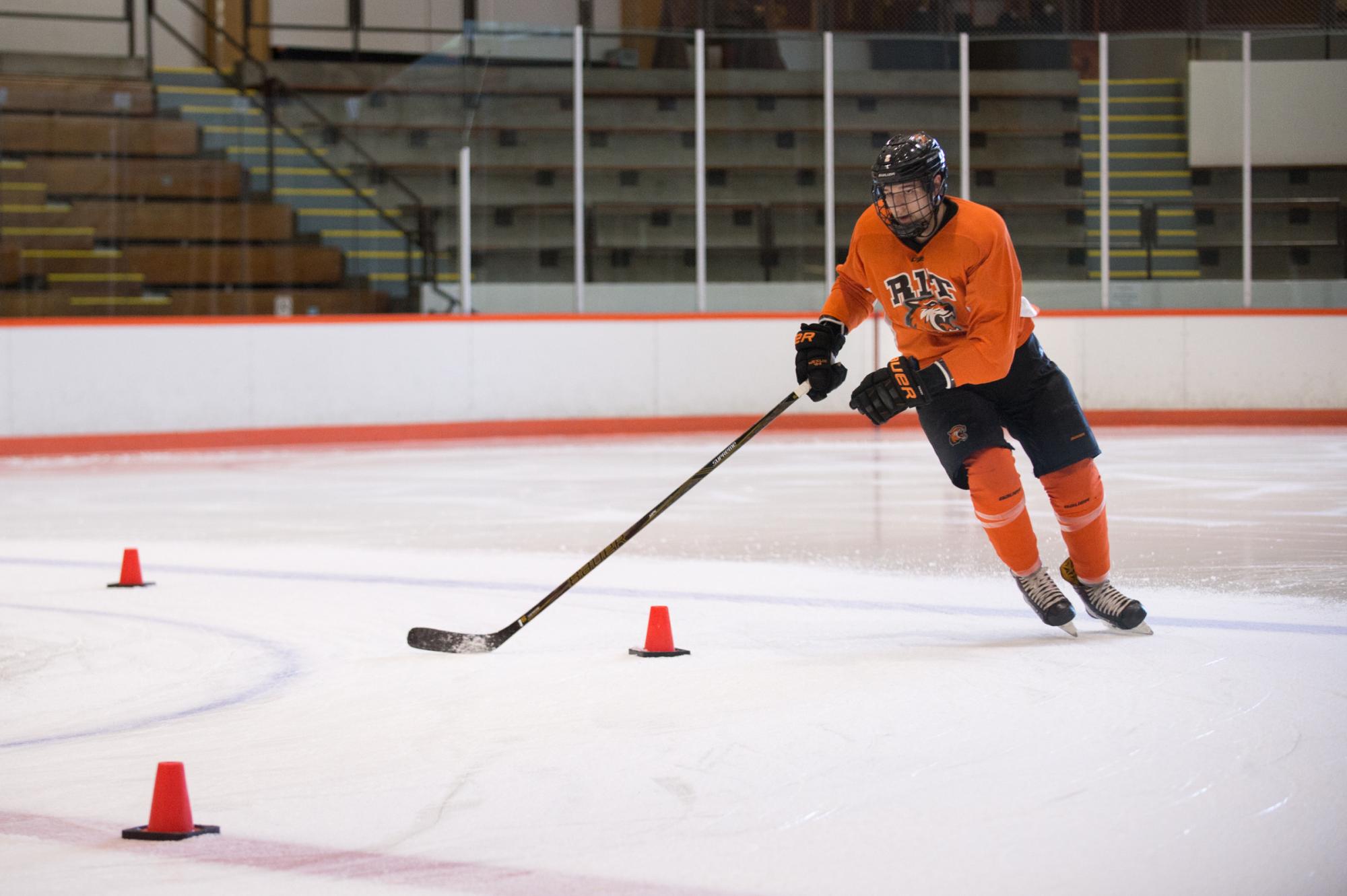 Men's hockey defenseman, Adam Brubacher, practices at the Ritter Ice Arena in Henrietta, N.Y. on March 29, 2017.